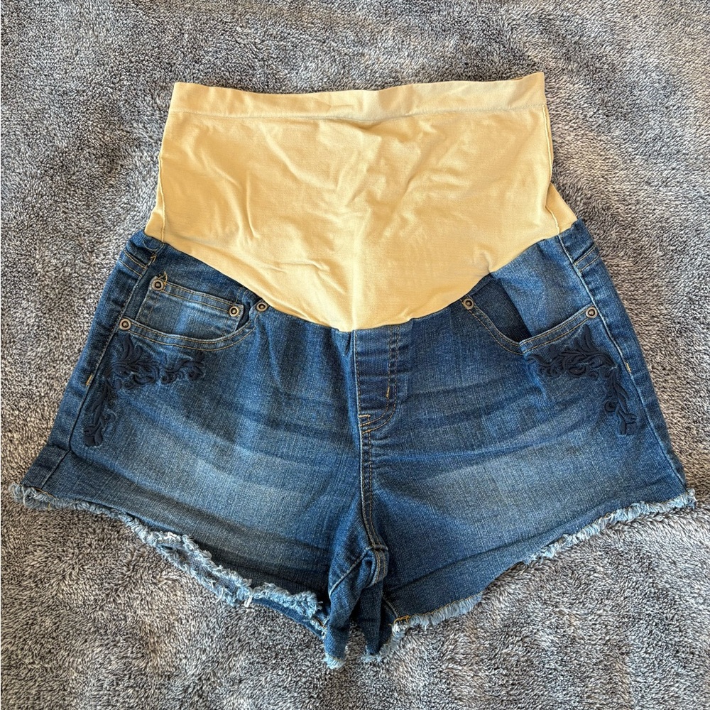 Large Jean Shorts with Frayed Edge and Embroidery by Planet Motherhood Maternity